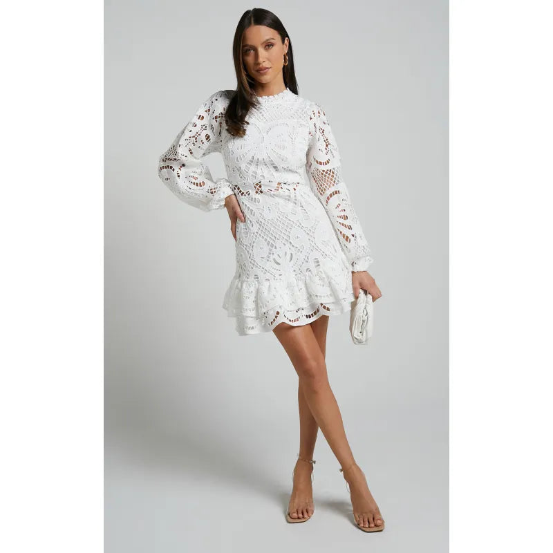 Women's Lace Mini Dress with Puff Sleeves