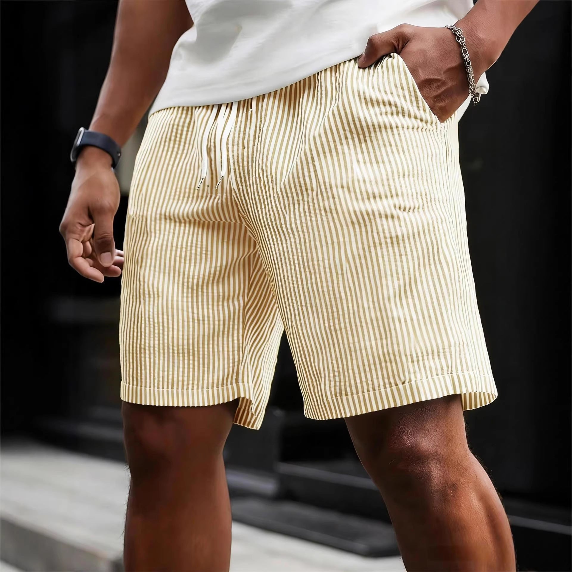 Mens Casual Striped Shorts with Drawstring Waist