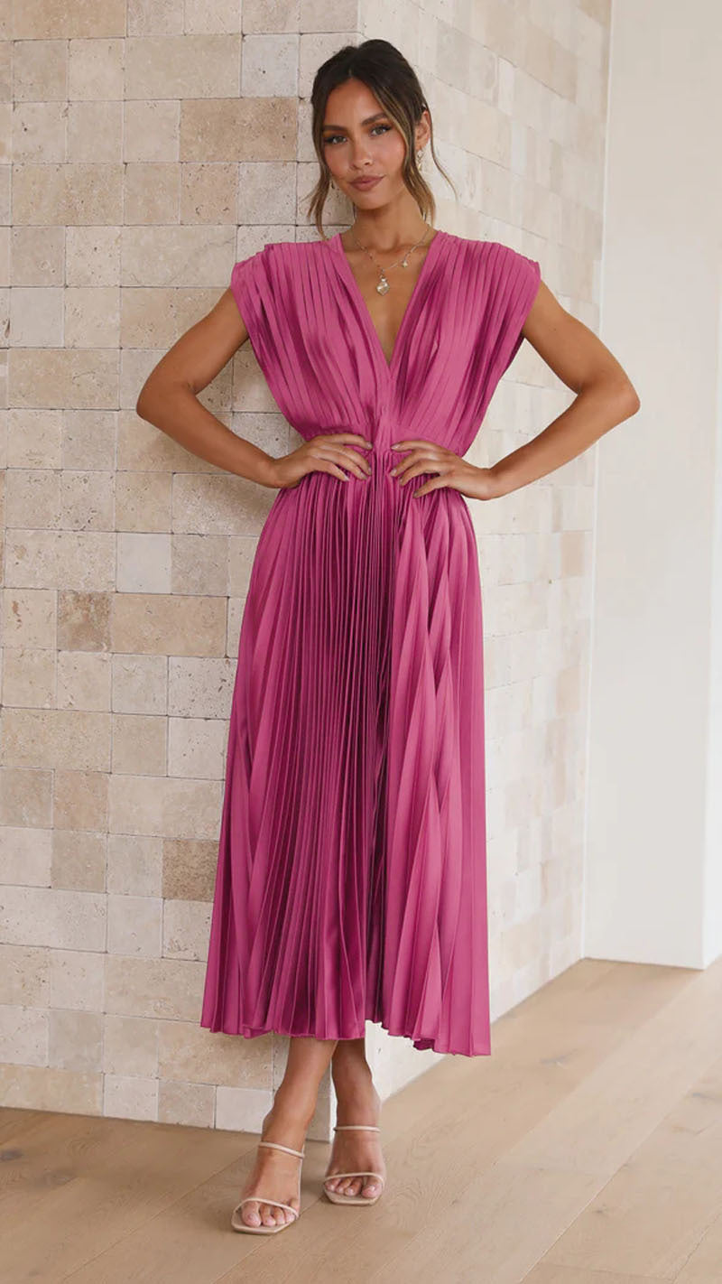 Women's V-Neck Pleated Summer Maxi Dress