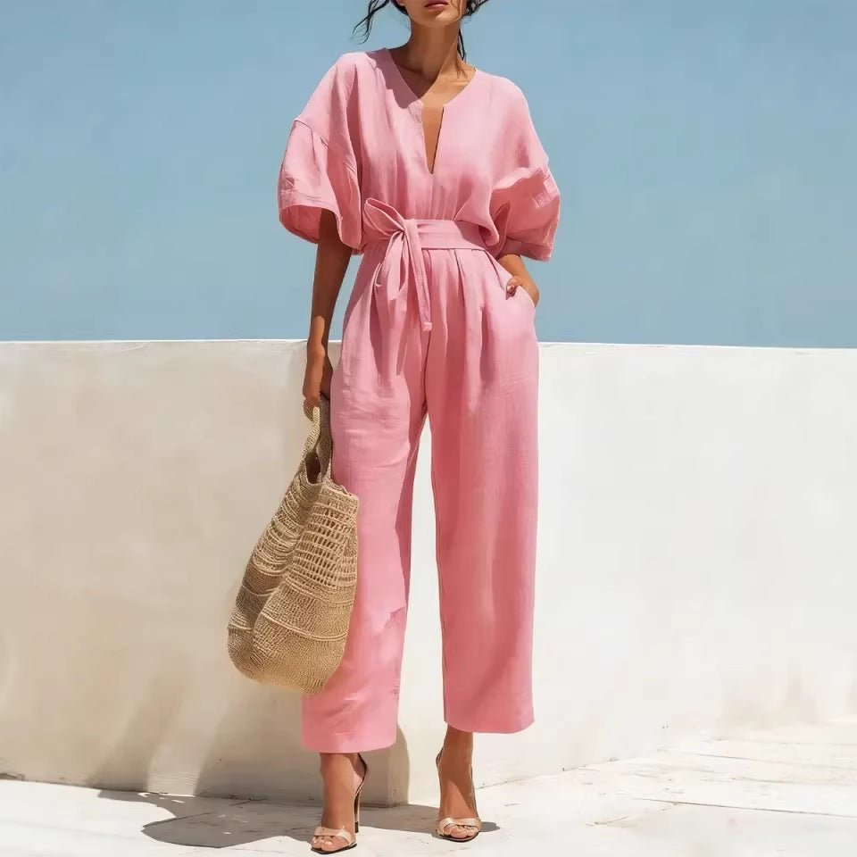 Women's V-Neck Solid Color Jumpsuit