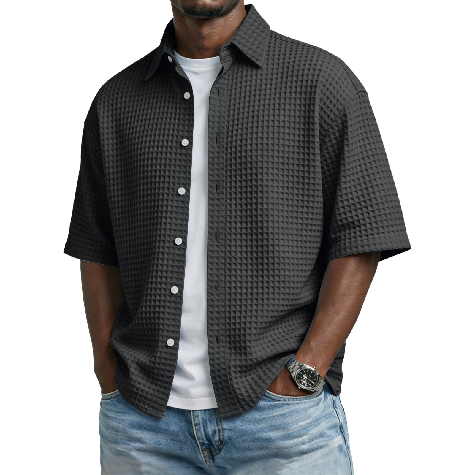 Mens Short Sleeve Button Up Shirt with Casual Fit