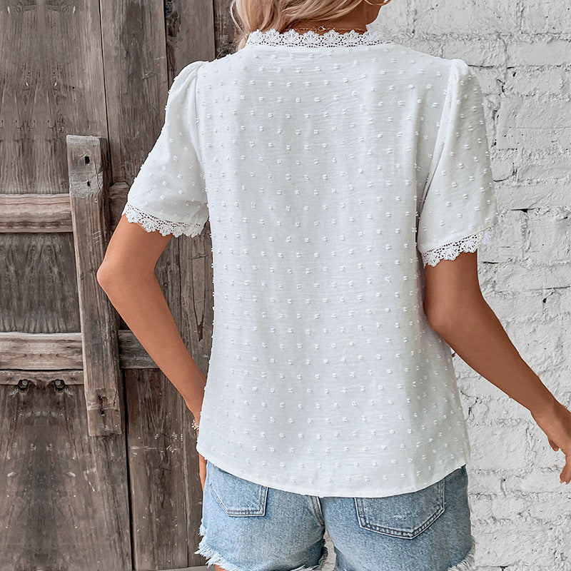 Women's Lace V-neck Short Sleeve Blouse