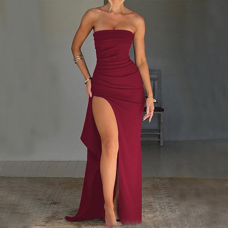 Women's Strapless Maxi Dress with Split A-Line Skirt