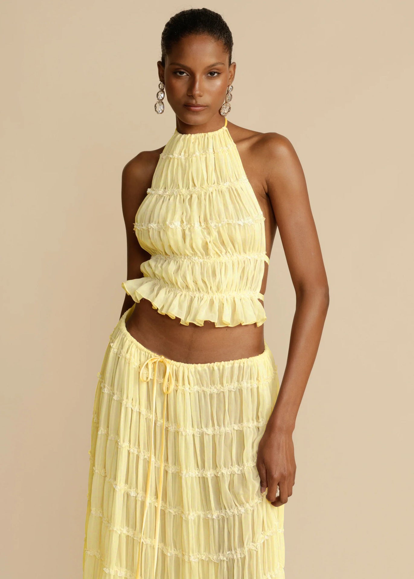 Women's Sleeveless Halter Maxi Dress with Pleated Long Skirt