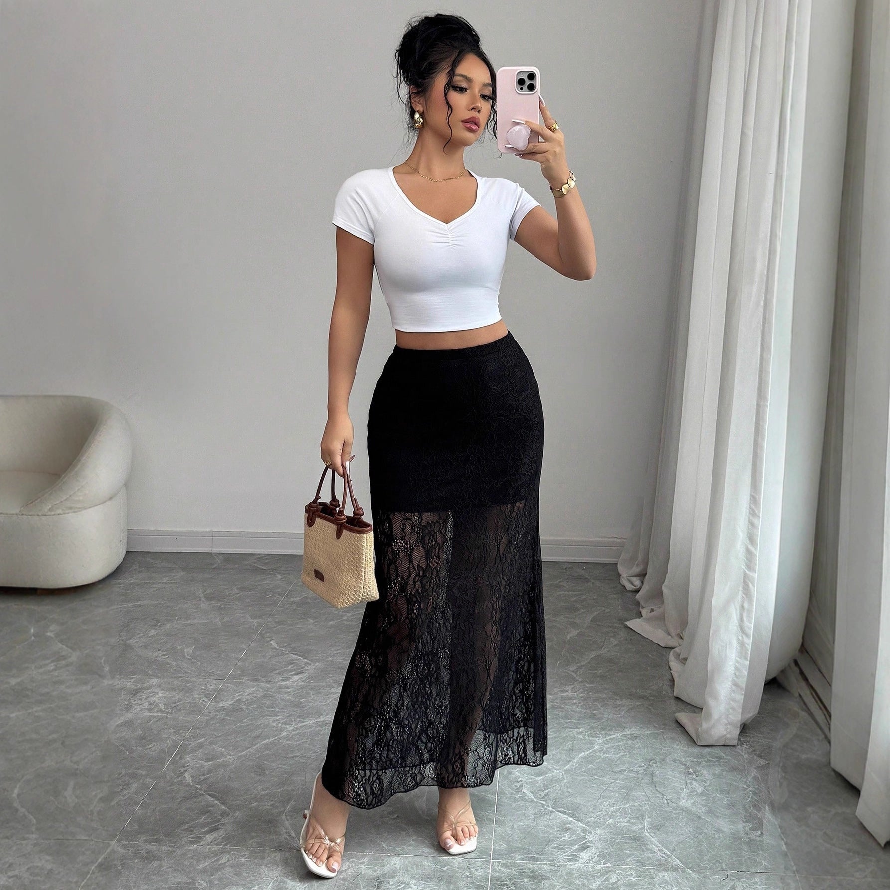 Women's Lace High Waist Sheath Cocktail Skirt