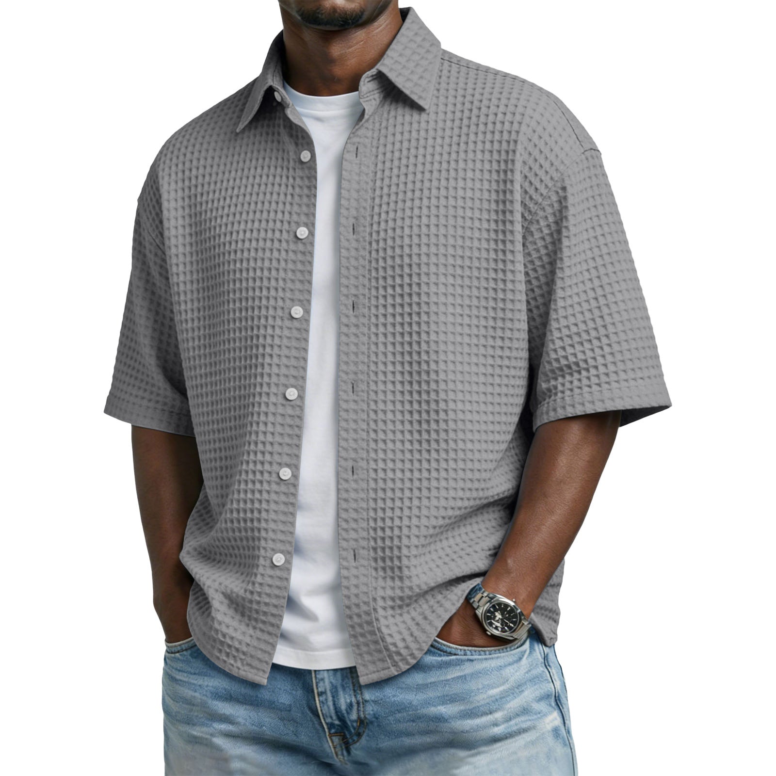 Mens Short Sleeve Button Up Shirt with Casual Fit