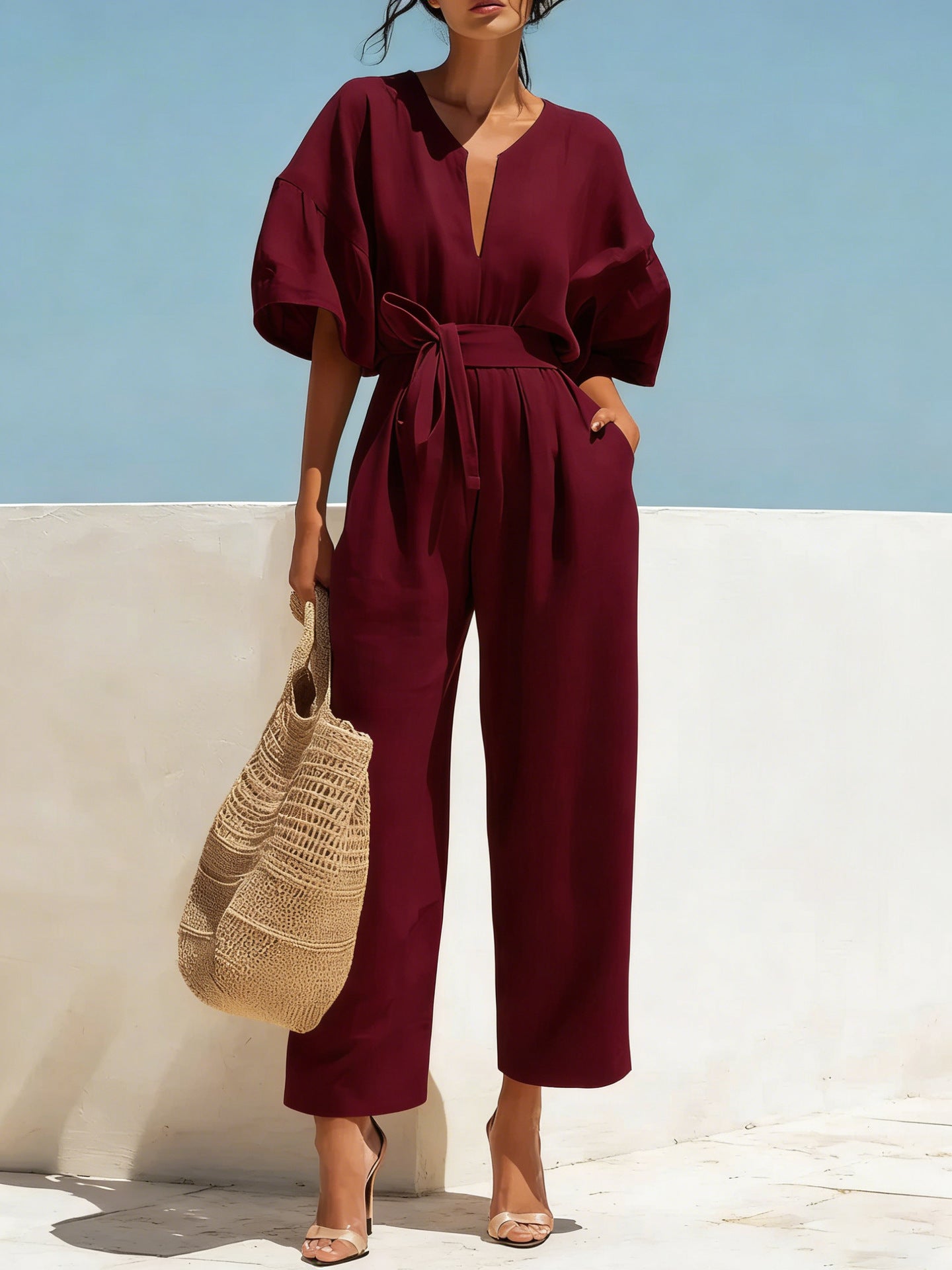 Women's V-Neck Solid Color Jumpsuit