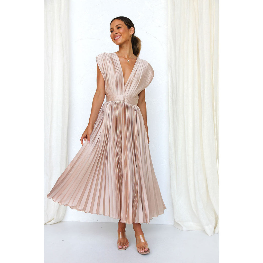 Women's V-Neck Pleated Summer Maxi Dress