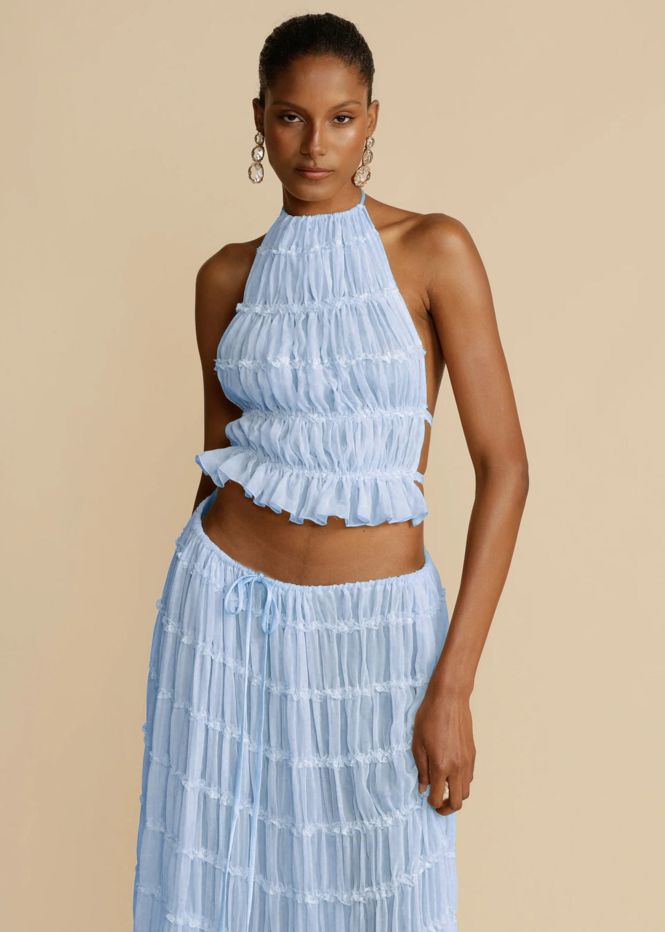 Women's Sleeveless Halter Maxi Dress with Pleated Long Skirt