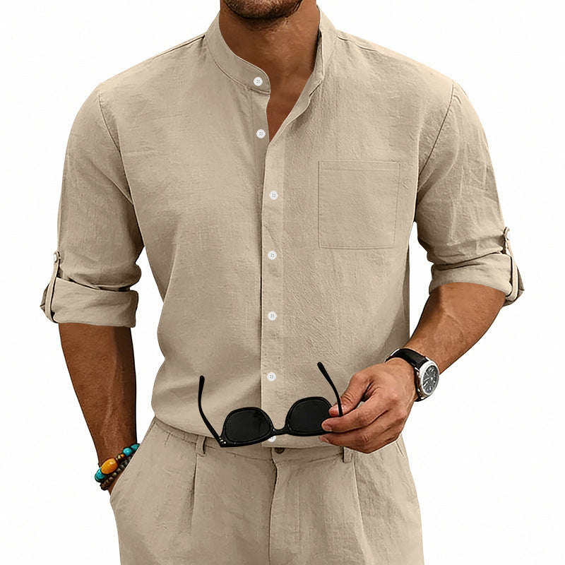 Men's Linen Stand-Up Collar Shirt