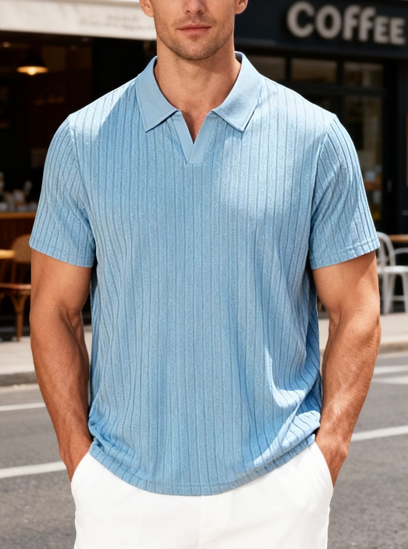 Men's Striped Short-Sleeve Shirt with Towel-Weave Texture