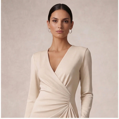 Women's Elegant Wrap Midi Dress with Long Sleeves