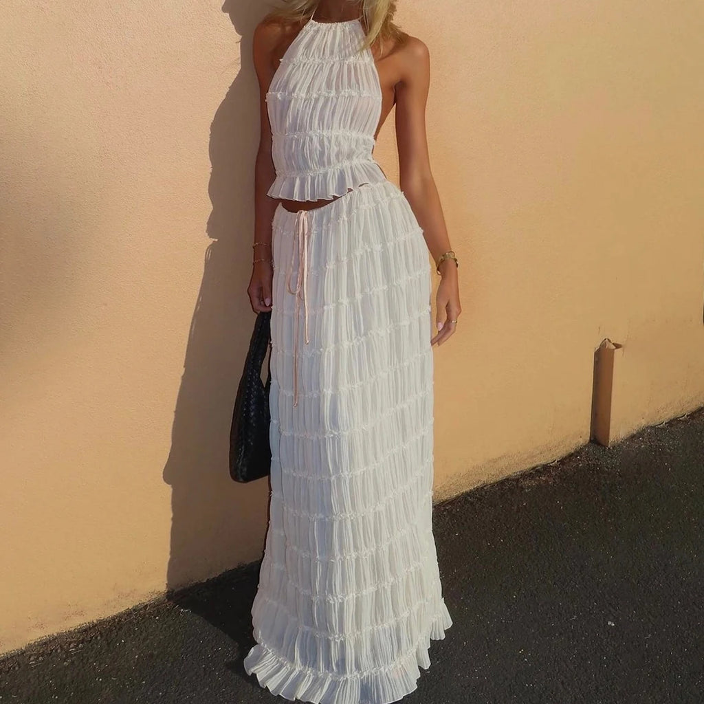 Women's Sleeveless Halter Maxi Dress with Pleated Long Skirt