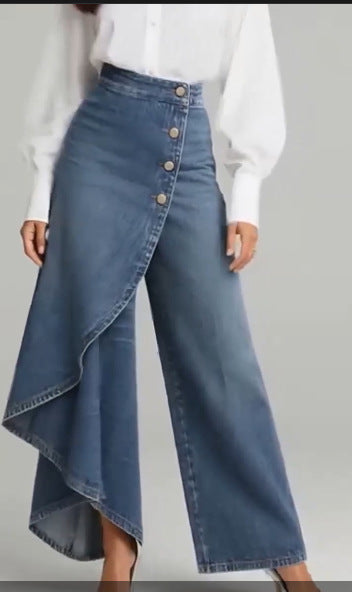 Women's Ruffled Button Wide-leg Trousers