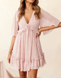 Womens Bohemian Mini Dress with V Neck and Ruffle Details