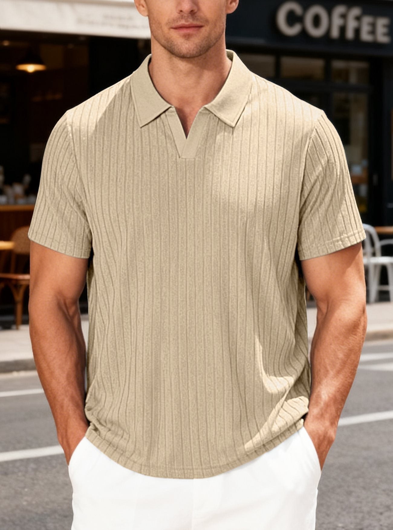 Men's Striped Short-Sleeve Shirt with Towel-Weave Texture