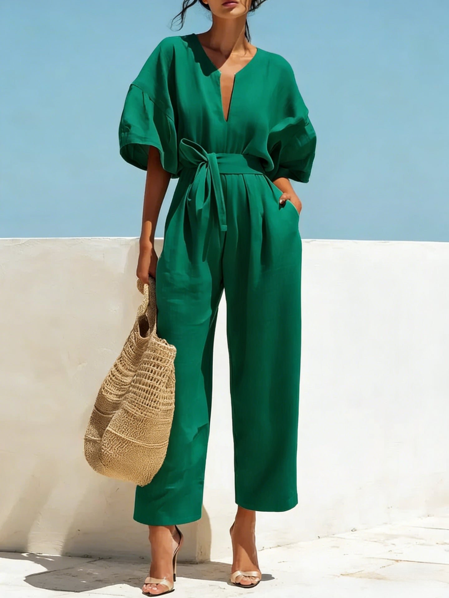 Women's V-Neck Solid Color Jumpsuit