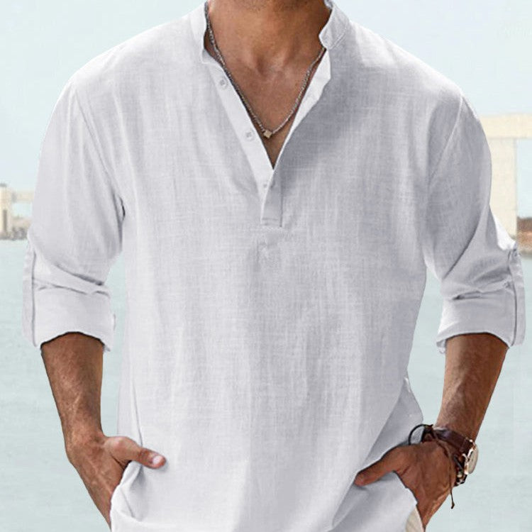 Men's Casual Long Sleeve Blouse with Stand Collar
