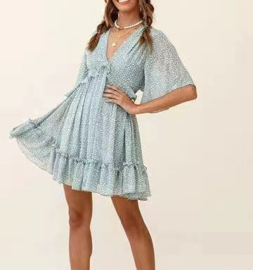 Womens Bohemian Mini Dress with V Neck and Ruffle Details