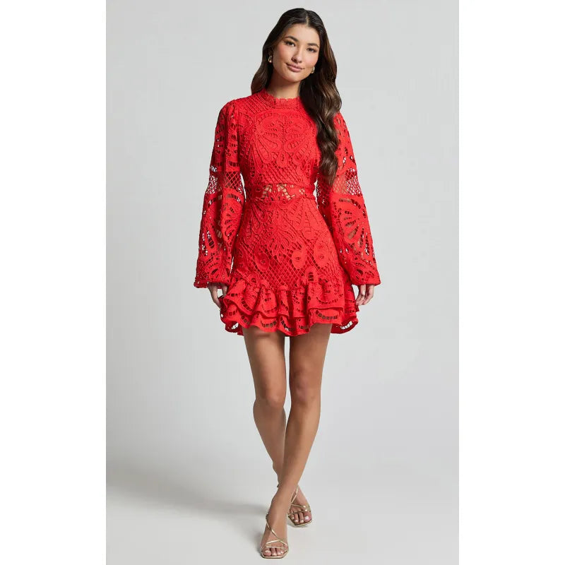 Women's Lace Mini Dress with Puff Sleeves