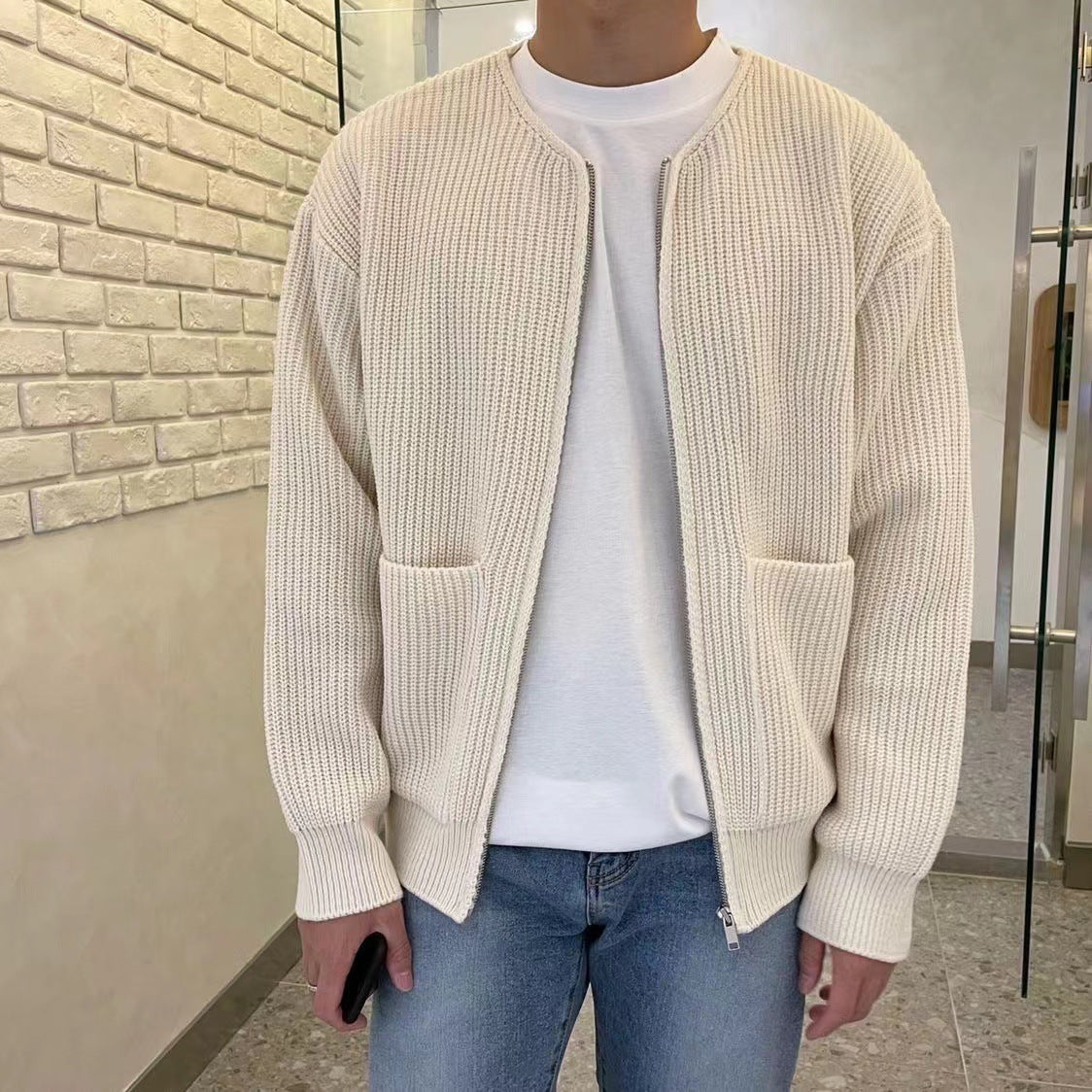 Men's Knitted Cardigan with Funnel Neck