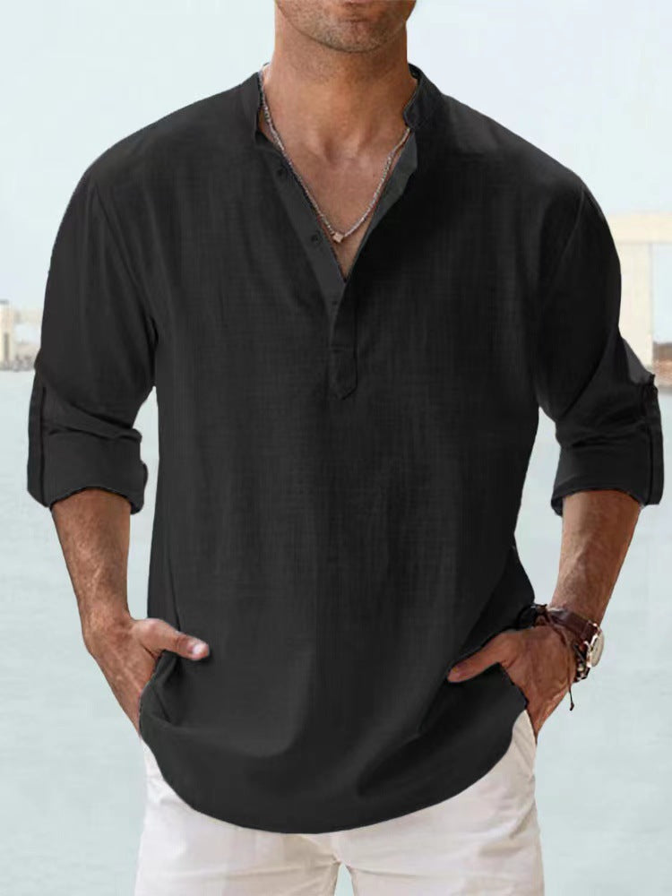 Men's Casual Long Sleeve Blouse with Stand Collar