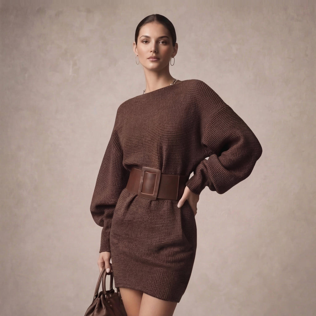 Womens Elegant Knit Mini Dress with Belted Waist