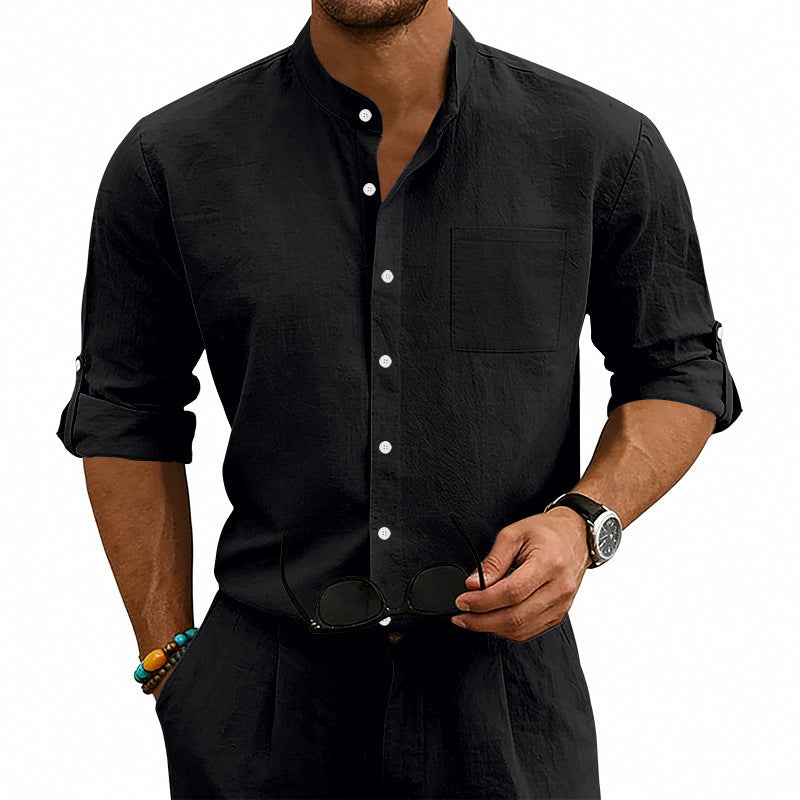 Men's Linen Stand-Up Collar Shirt