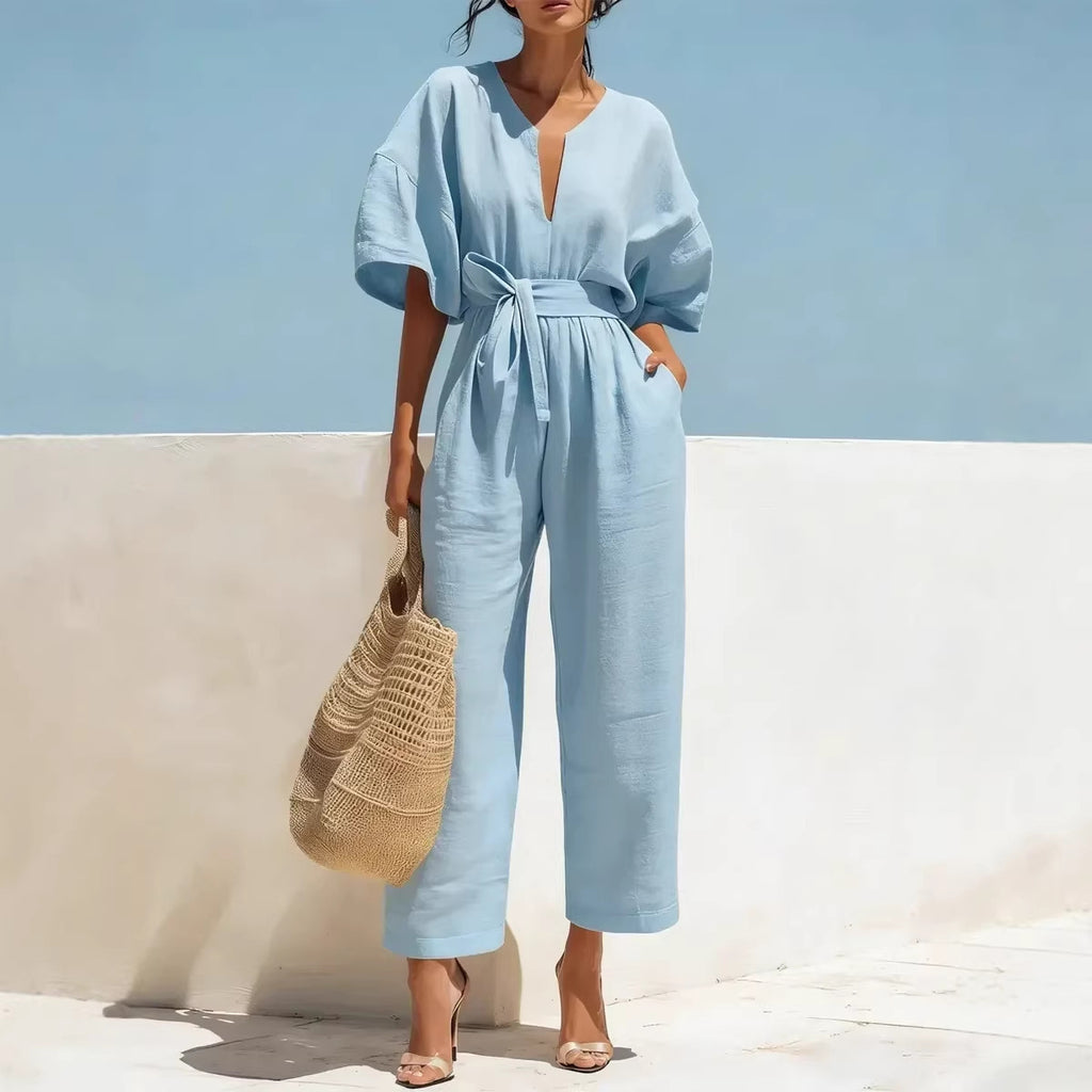 Women's V-Neck Solid Color Jumpsuit