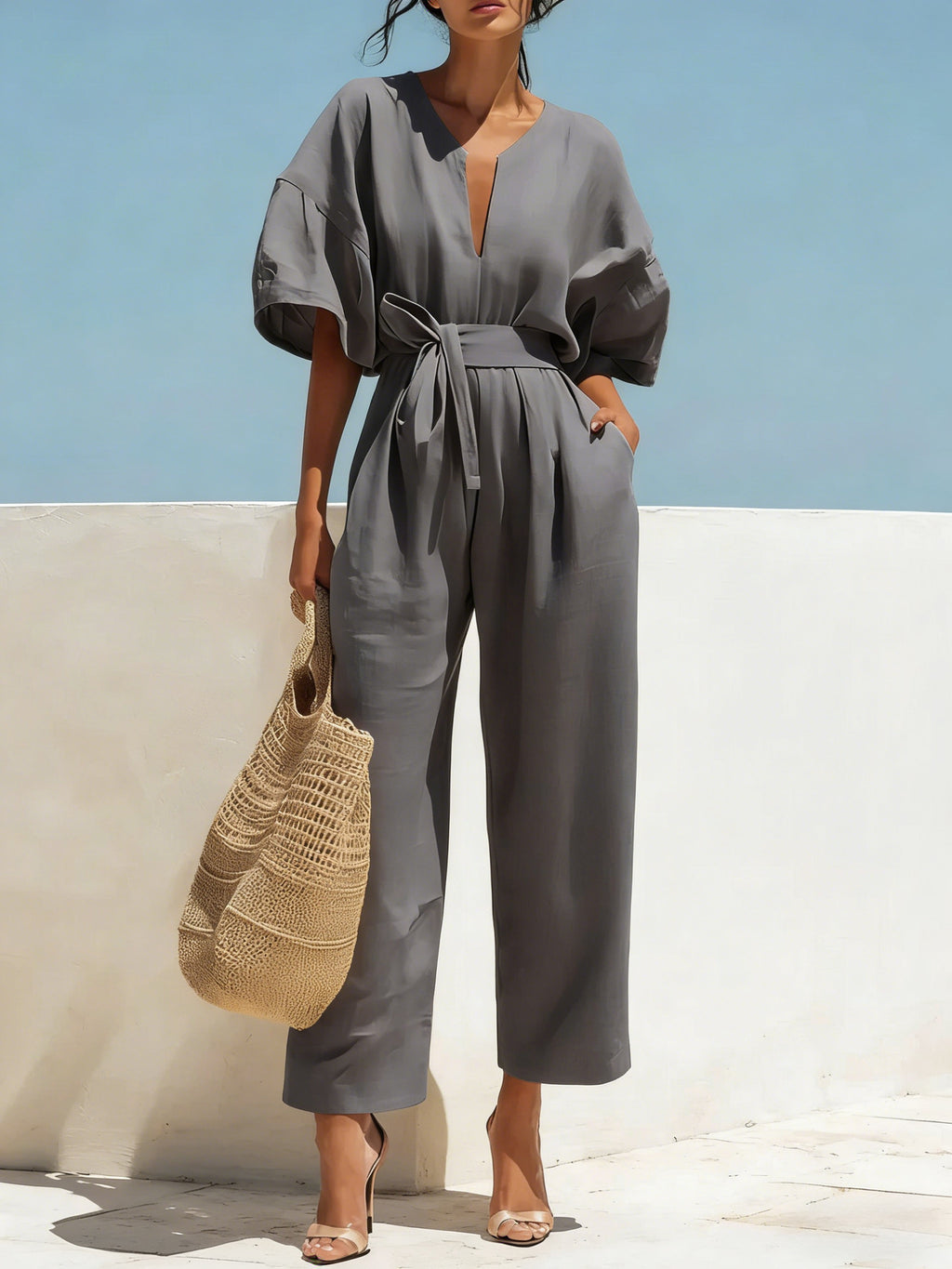 Women's V-Neck Solid Color Jumpsuit