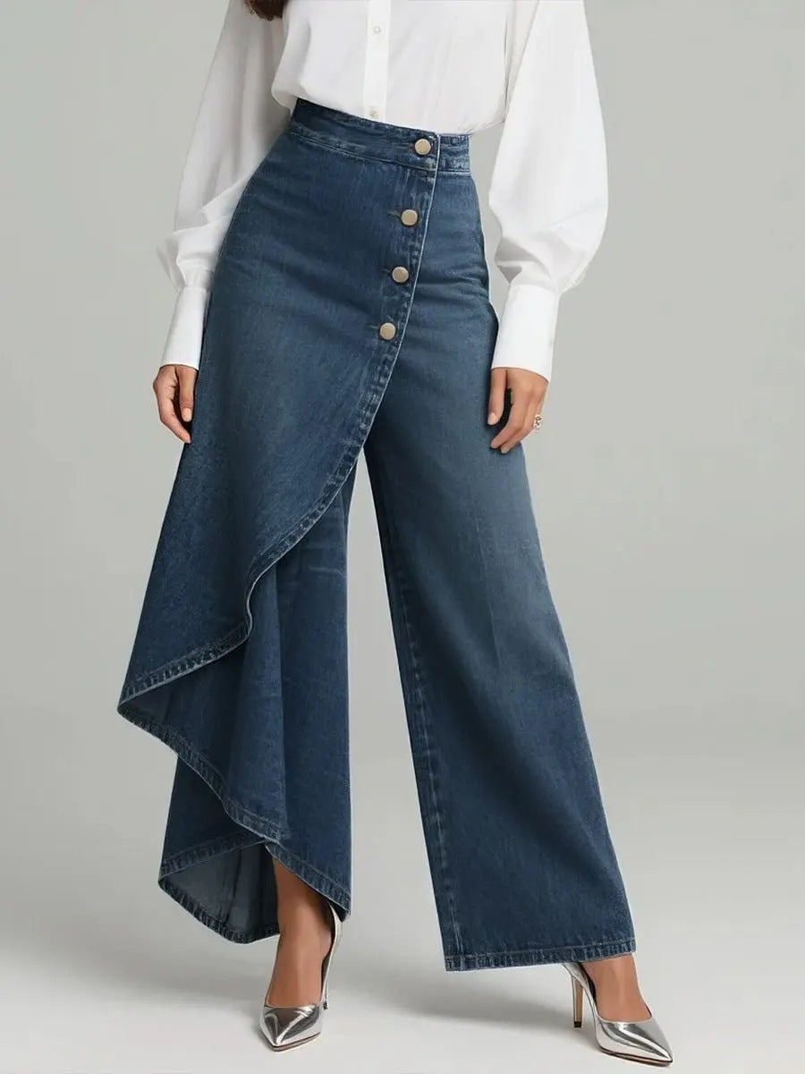 Women's Ruffled Button Wide-leg Trousers