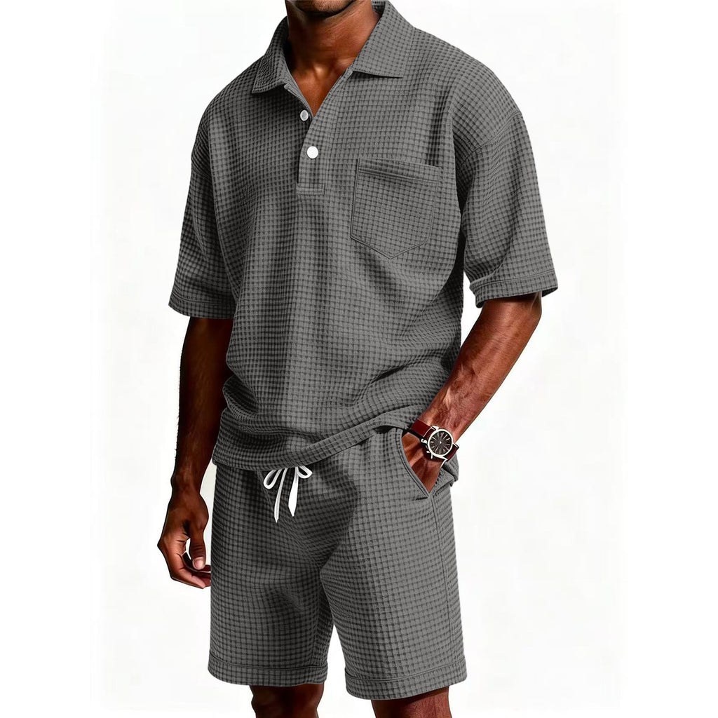 Mens Casual Two Piece Summer Set with Polo Shirt and Shorts