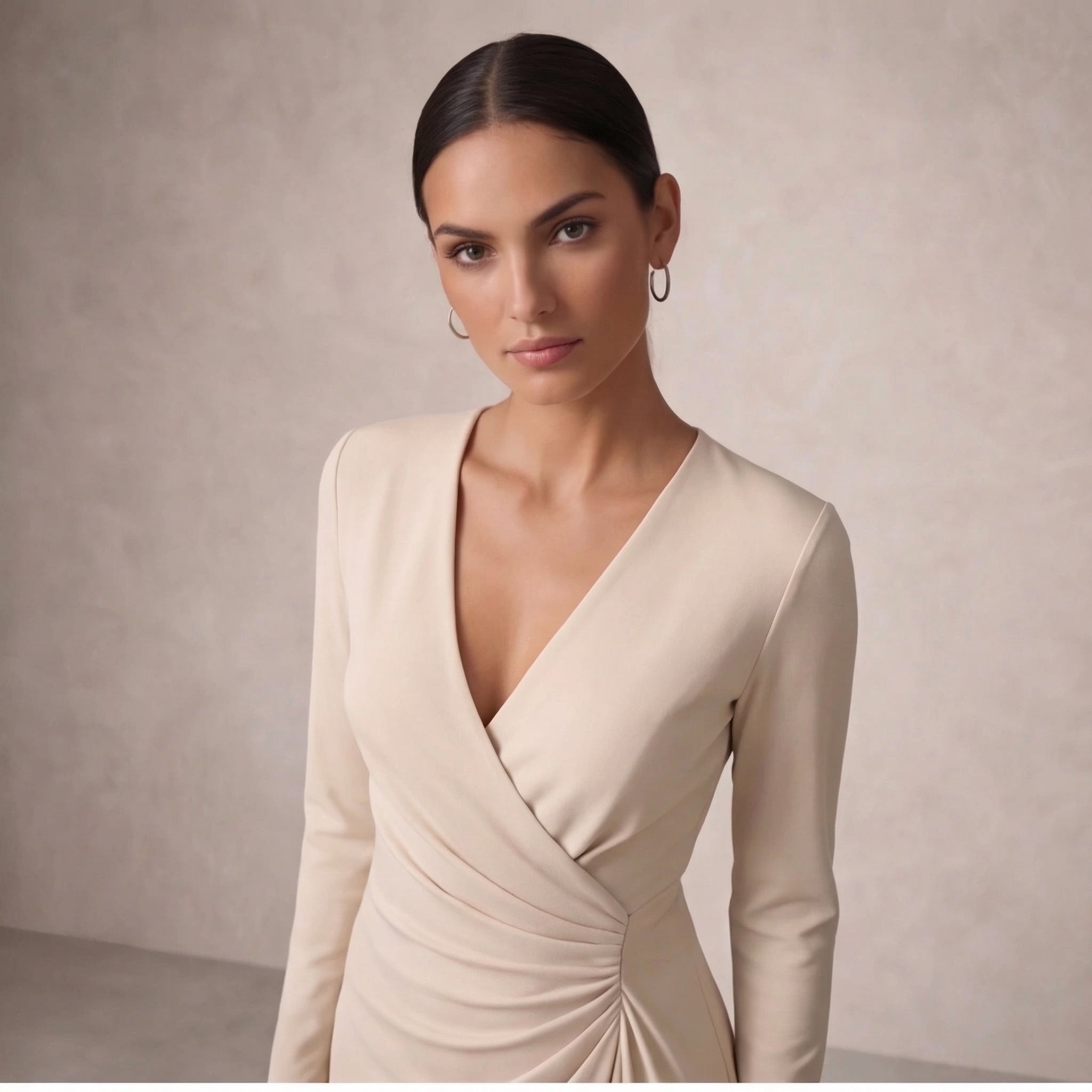 Women's Elegant Wrap Midi Dress with Long Sleeves