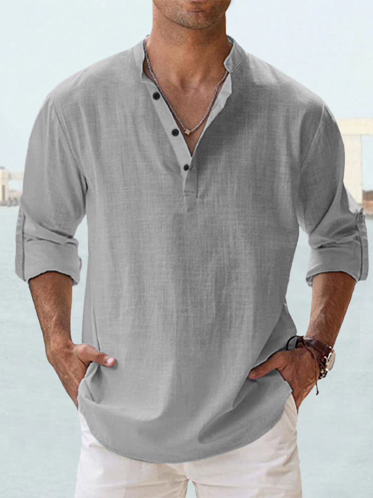 Men's Casual Long Sleeve Blouse with Stand Collar