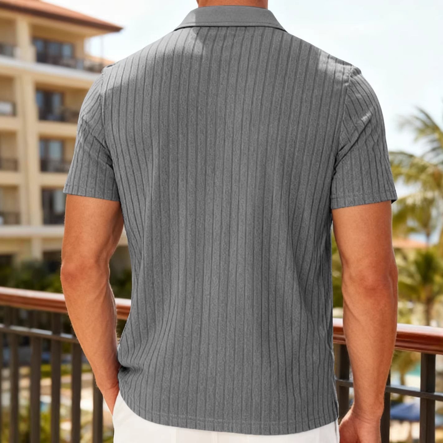 Men's Striped Short-Sleeve Shirt with Towel-Weave Texture