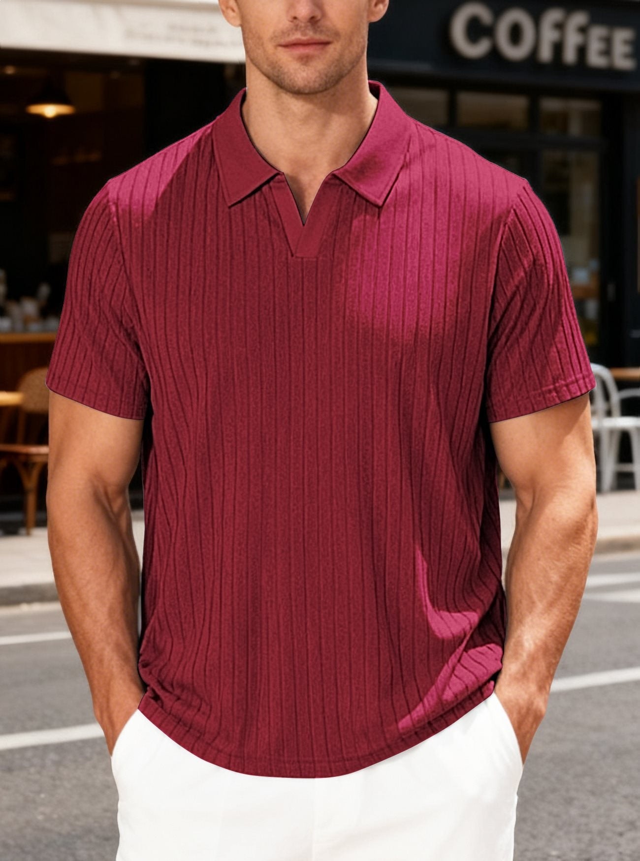 Men's Striped Short-Sleeve Shirt with Towel-Weave Texture