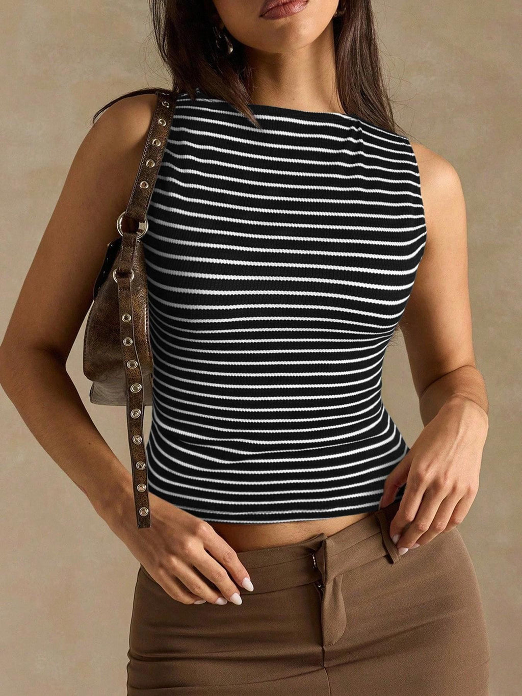 Womens Sleeveless Striped Top with Slim Fit Design