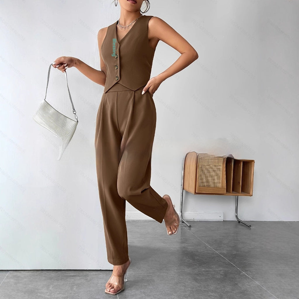 Womens Elegant Two Piece Set with Sleeveless Top and Trousers