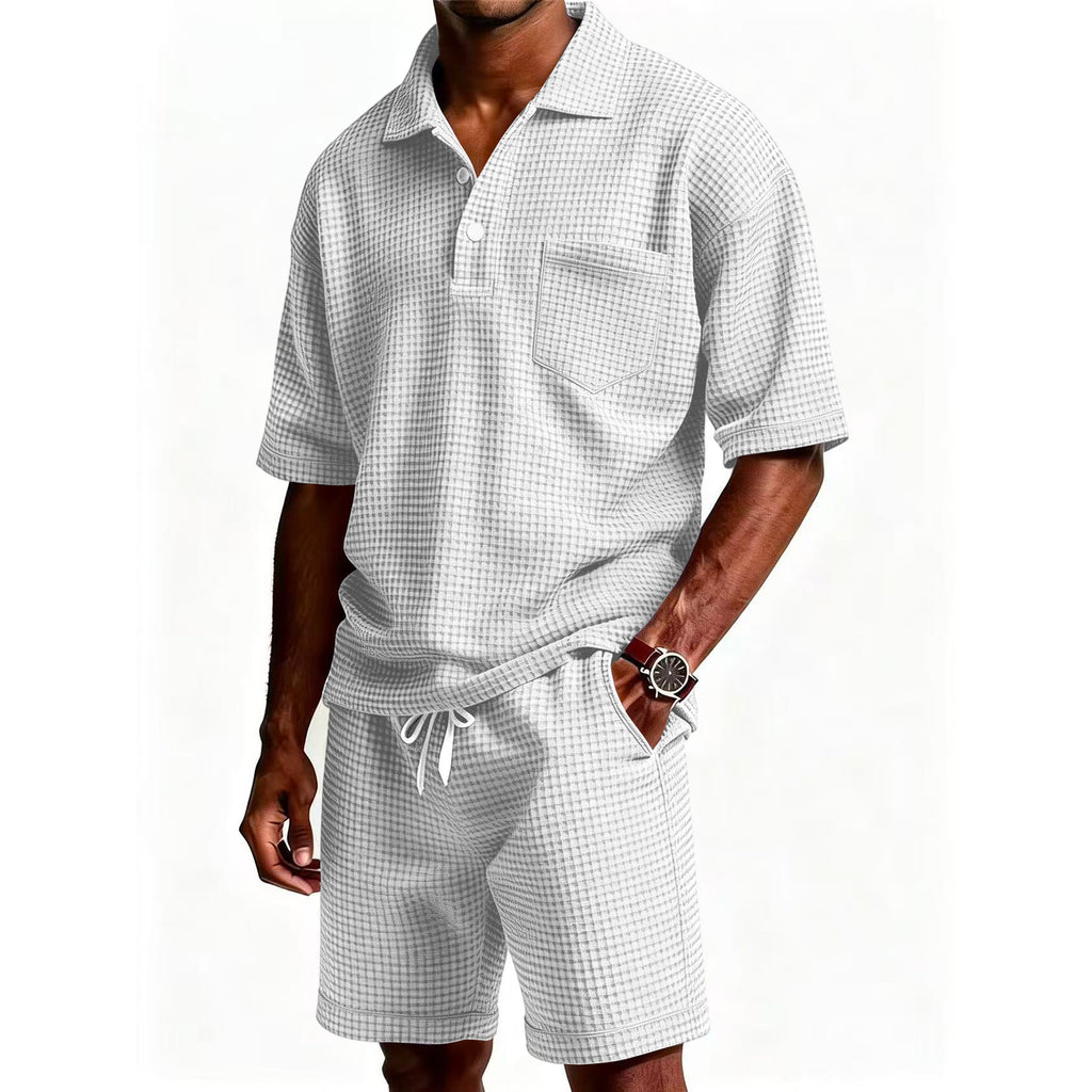 Mens Casual Two Piece Summer Set with Polo Shirt and Shorts