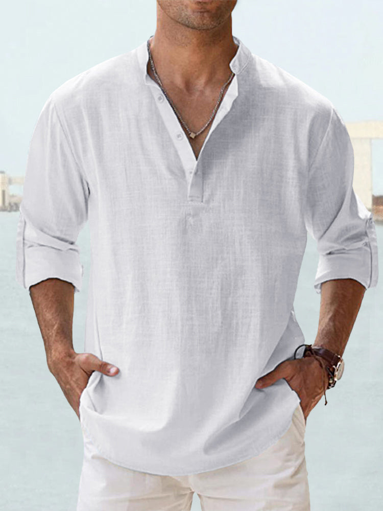 Men's Casual Long Sleeve Blouse with Stand Collar