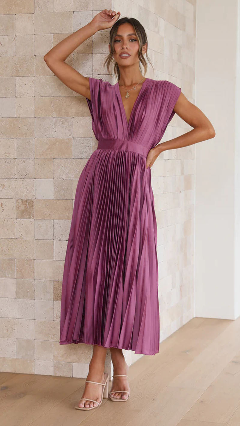 Women's V-Neck Pleated Summer Maxi Dress