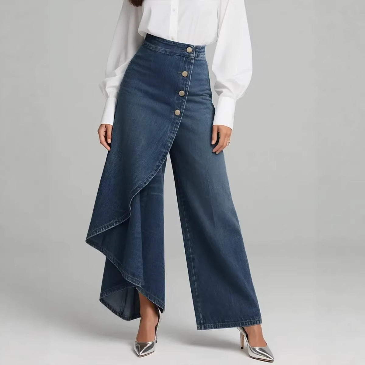 Women's Ruffled Button Wide-leg Trousers