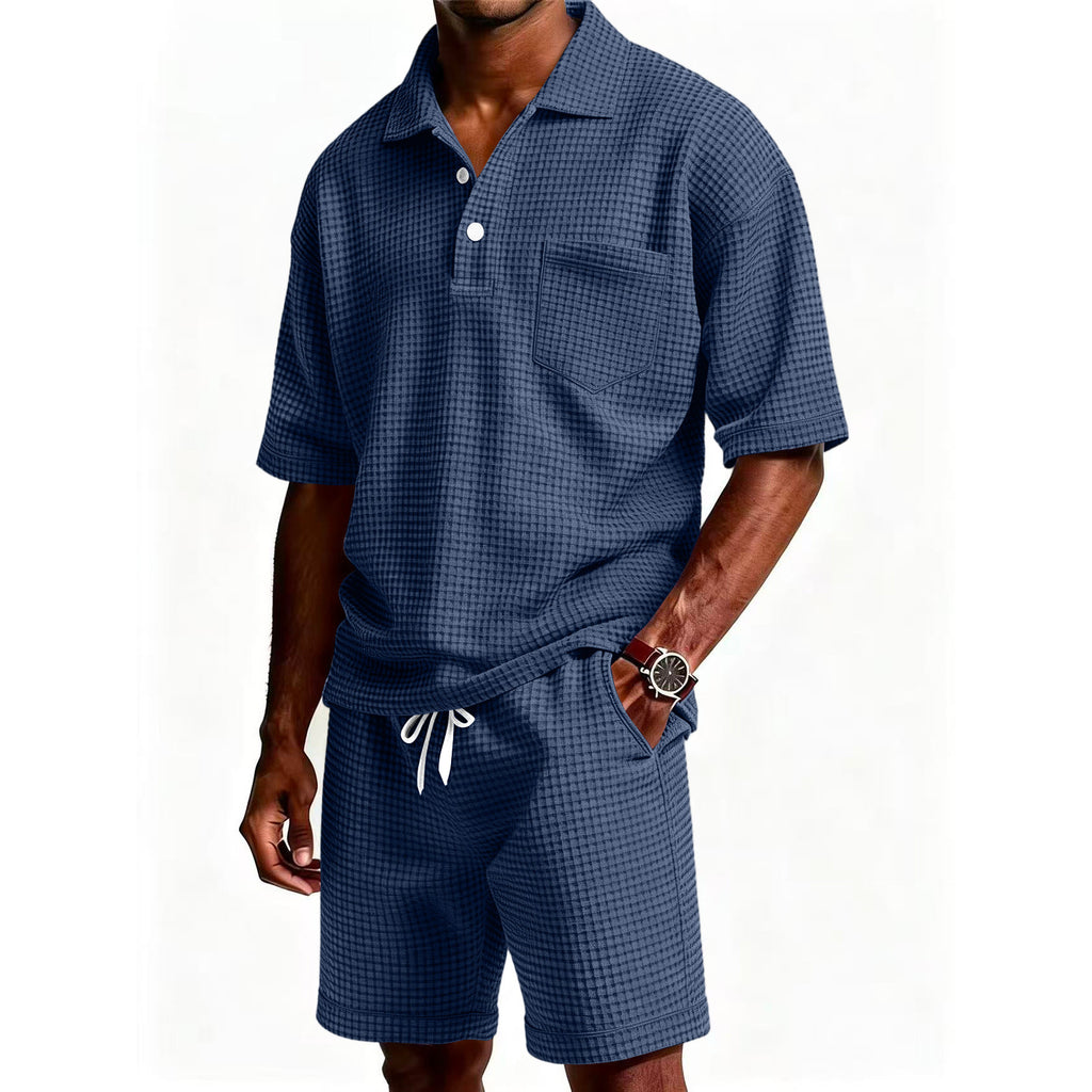 Mens Casual Two Piece Summer Set with Polo Shirt and Shorts