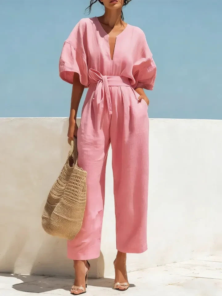Women's V-Neck Solid Color Jumpsuit