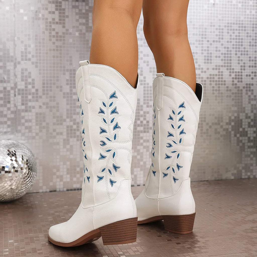 Women's Embroidered Pointed Toe Chunky Heel Boots