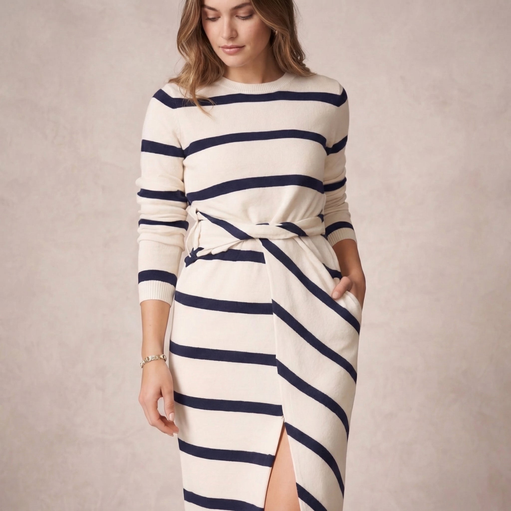 Women's Long Sleeves Striped Midi Dress