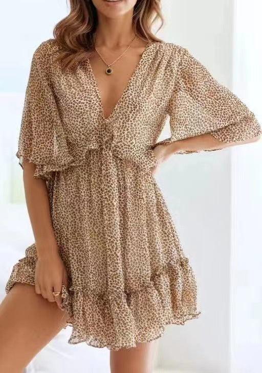 Womens Bohemian Mini Dress with V Neck and Ruffle Details