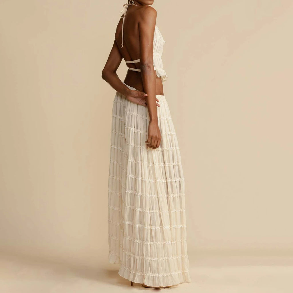 Women's Sleeveless Halter Maxi Dress with Pleated Long Skirt