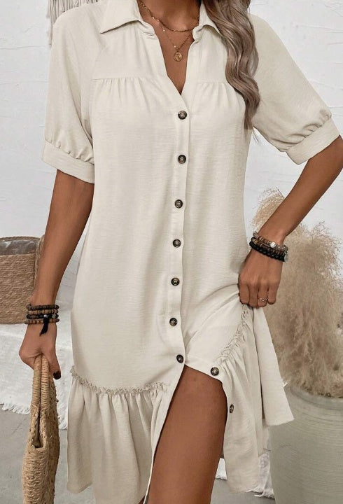 Women's Button Up Ruffle Hem Dress - Summer & Formal Dresses