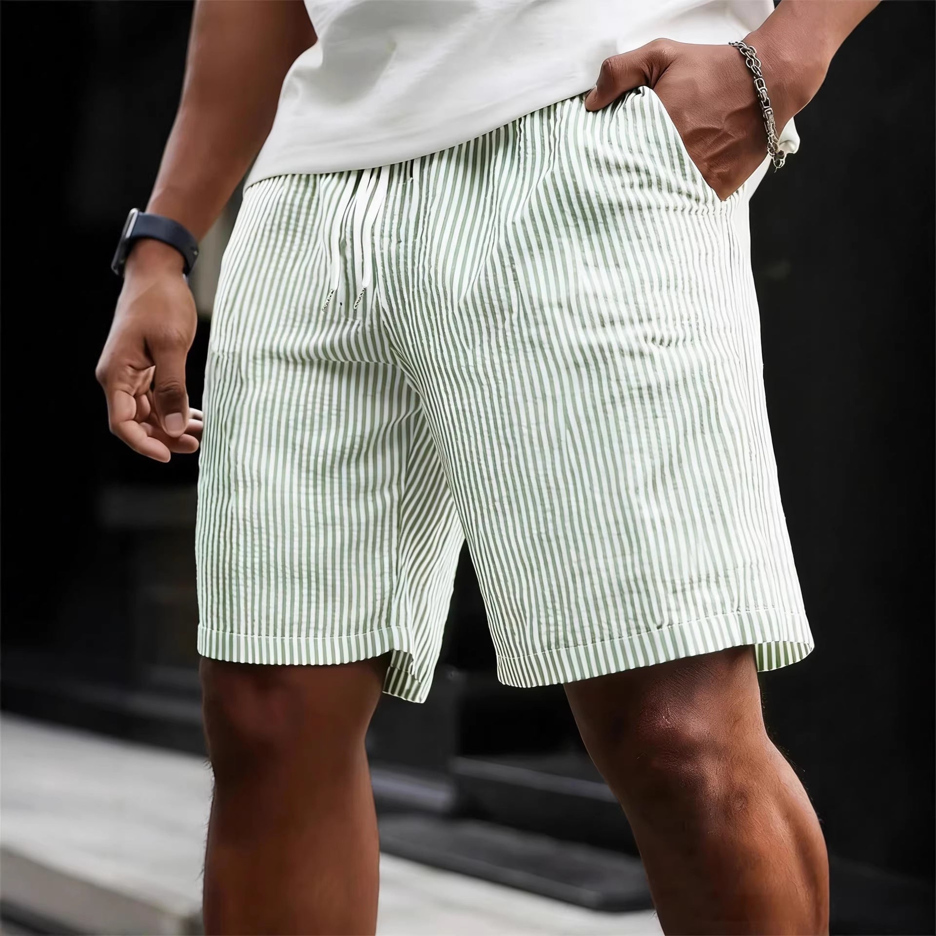 Mens Casual Striped Shorts with Drawstring Waist